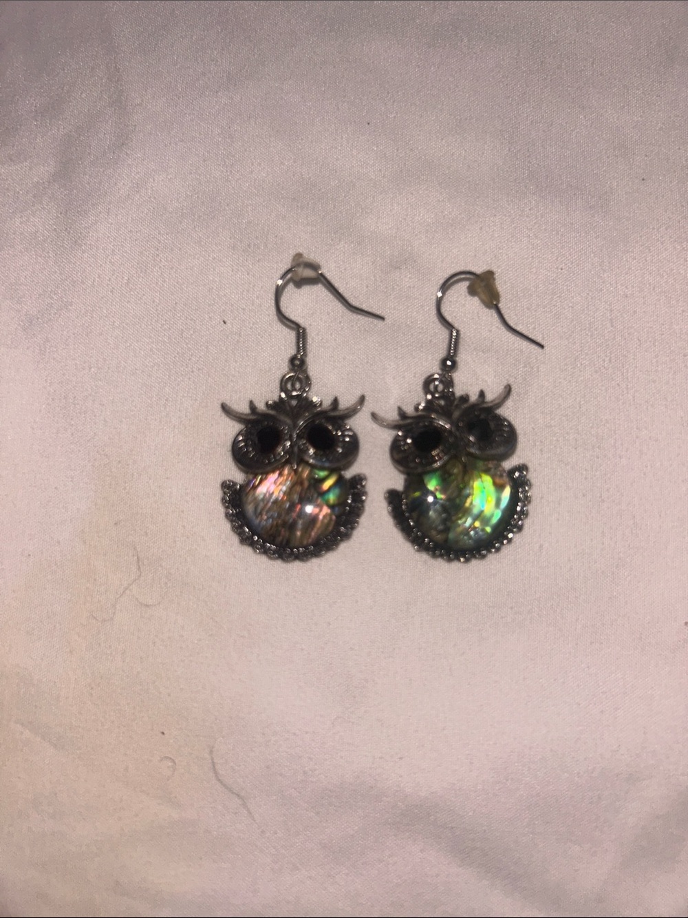 Owl Drop Earrings with Iridescent Shell Accent - Silver Tone